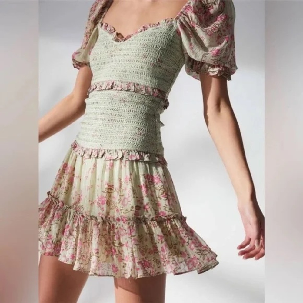 Hermant and Nadina and Floral Green Dress with Pink Accents